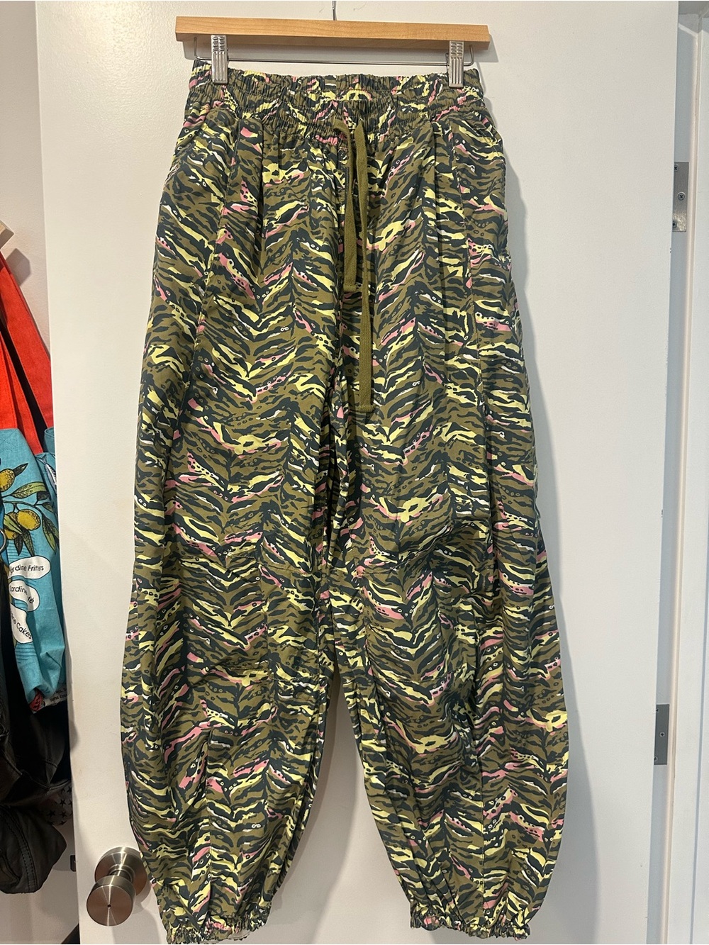 Free People Olive Camo Drawstring Track Pants with Pink Accents
